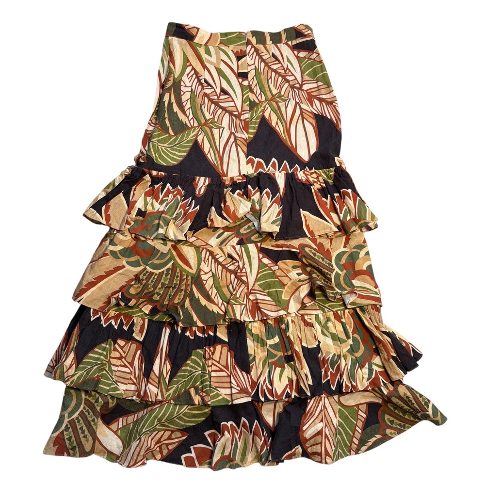 Zara Tropical Print Tiered Linen Blend Maxi Skirt Green Tan Small 7913/053 - Picture 6 of 9